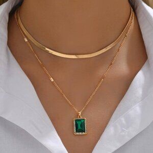 Gold Emerald-Cut Green Pendant & Herringbone Choker Necklace Set 18K Gold Filled
